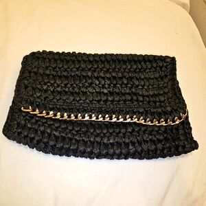 H & M Black Raffia Clutch with Gold Chain Detail